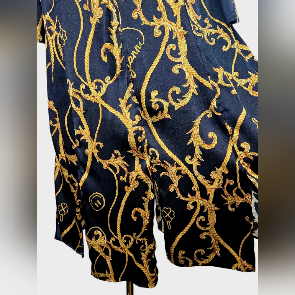 GANNI Baroque Print Silk Blend Ruched Midi Dress Black Gold EU 36 US 4 - Picture 10 of 15